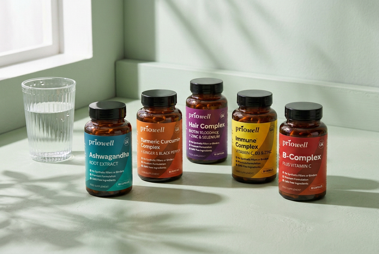 Priowell supplement bottles arranged naturally with a glass of water
