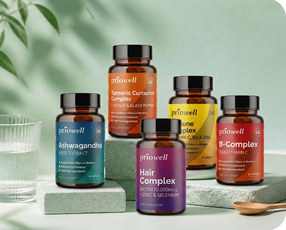Priowell Ashwagandha, Turmeric Curcumin, Hair Complex, Immune Complex and B-Complex supplement bottles on pale green stone podiums